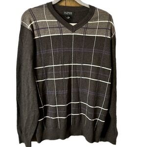 Alfred Sung Men’s Checker Plaid Stripe V-Neck Wool Cashmere Sweater Brown Size L
